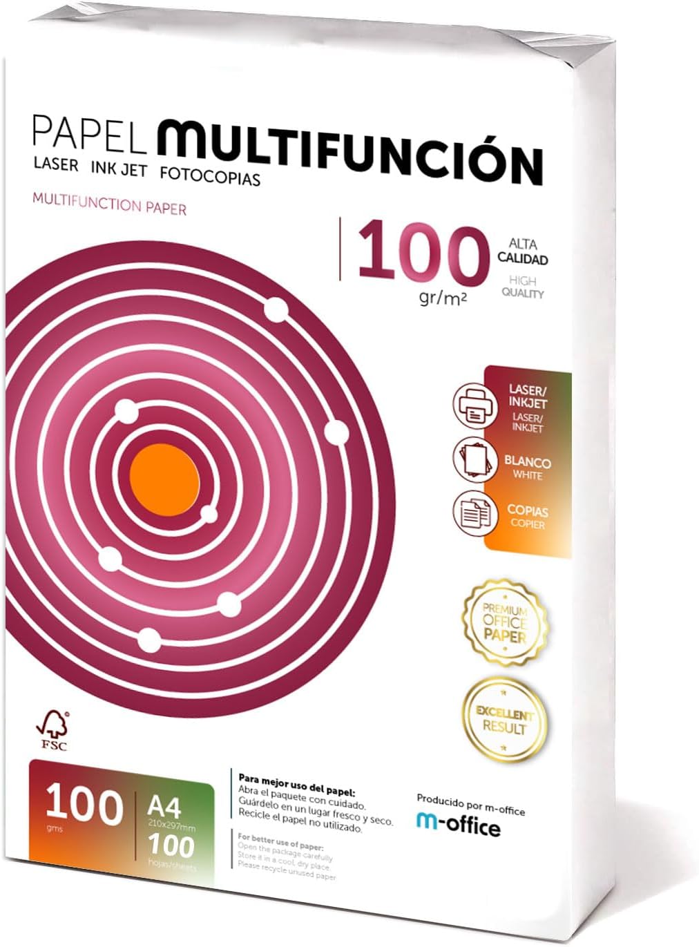 Resma de papel A4 m-office de 100 gramos para impresora laser y de tinta
