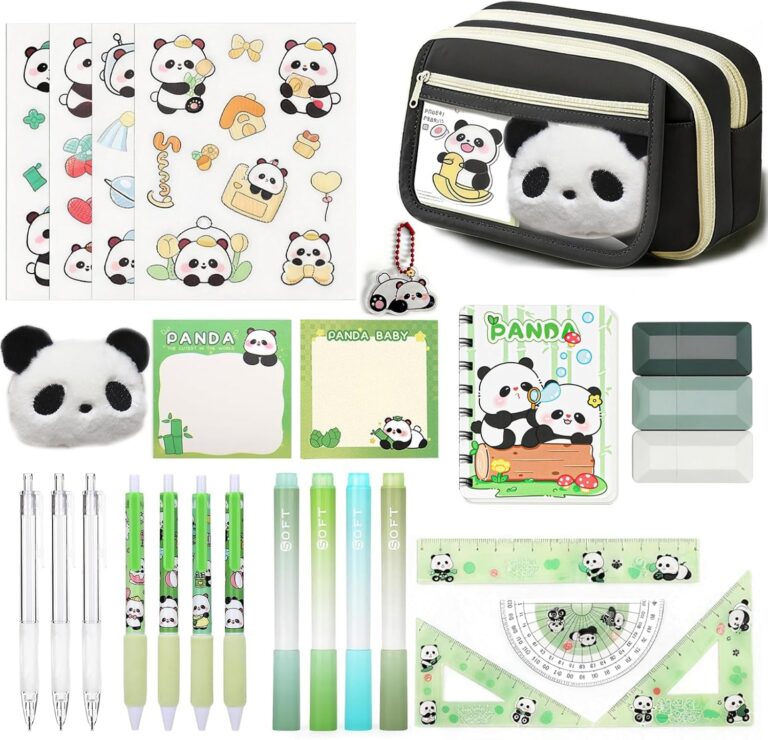 Set de papeleria escolar panda yolzhxe con estuche, boligrafos, portaminas y accesorios