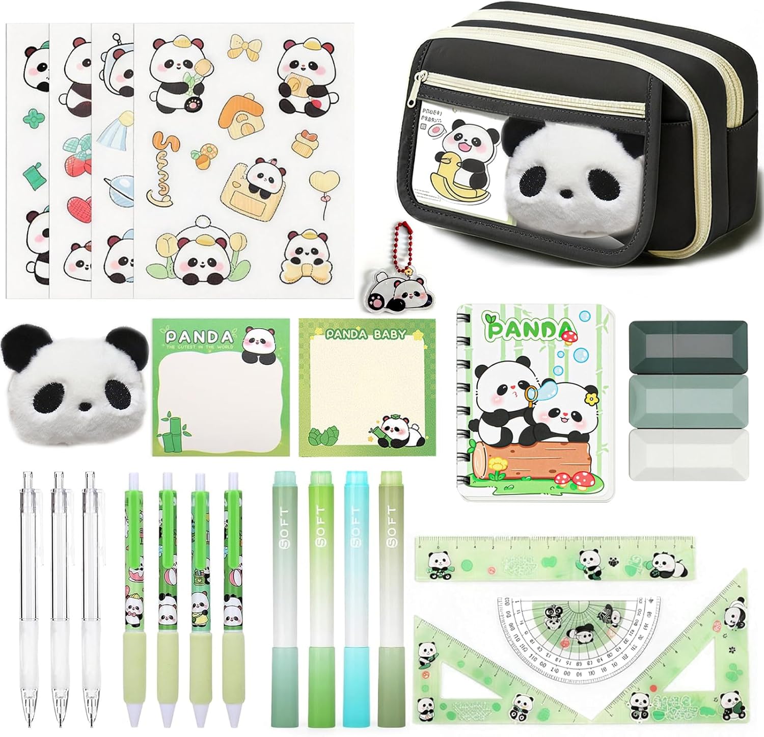 Set de papelería escolar panda yolzhxe con estuche, bolígrafos, portaminas y accesorios