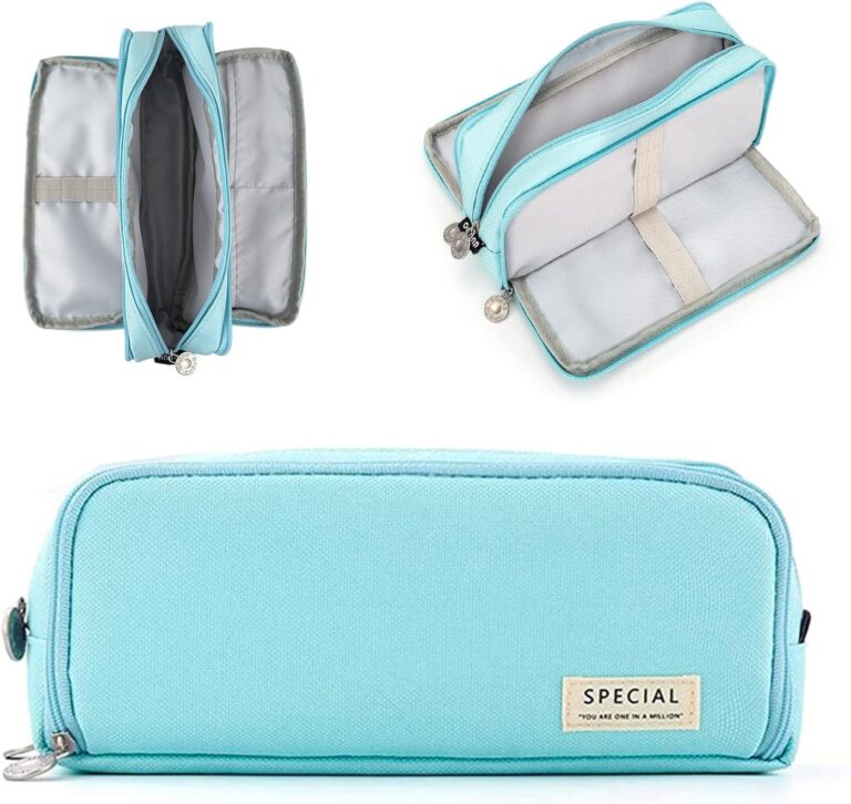 Estuche escolar NEWUPZSI de tres compartimentos color azul claro con cremalleras